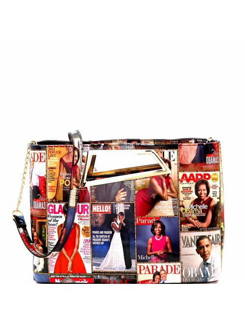 Classy Michelle Obama Magazine Cover Print Vegan Leather Patent Large Cut-out Handle Clutch Purse