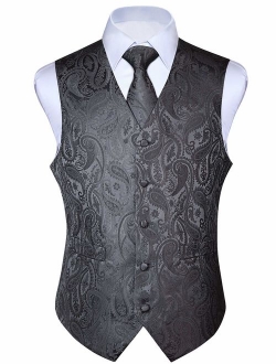 Men's Paisley Floral Jacquard Waistcoat & Necktie and Pocket Square Vest Suit Set