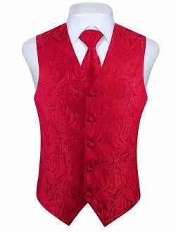 Men's Paisley Floral Jacquard Waistcoat & Necktie and Pocket Square Vest Suit Set