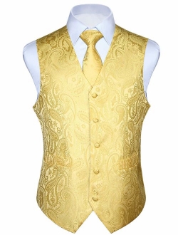 Men's Paisley Floral Jacquard Waistcoat & Necktie and Pocket Square Vest Suit Set