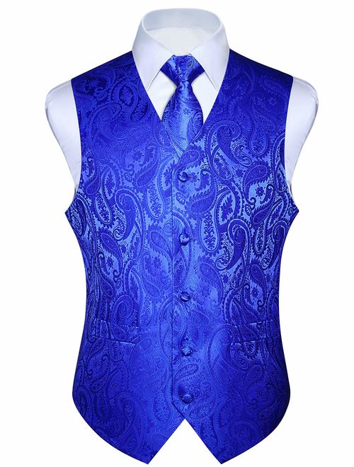 HISDERN Men's Paisley Floral Jacquard Waistcoat & Necktie and Pocket Square Vest Suit Set