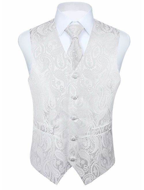 HISDERN Men's Paisley Floral Jacquard Waistcoat & Necktie and Pocket Square Vest Suit Set