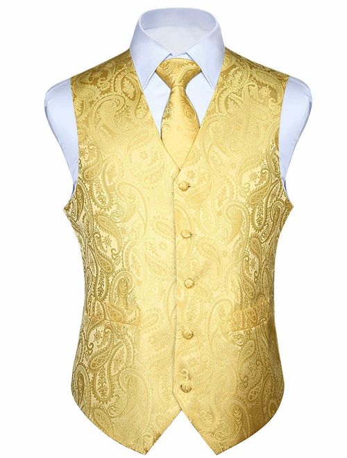 HISDERN Men's Paisley Floral Jacquard Waistcoat & Necktie and Pocket Square Vest Suit Set