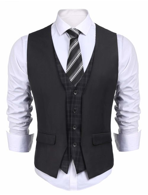 Buy COOFANDY Men's Dress Suit Layered Vest V Neck Plaid Patchwork ...
