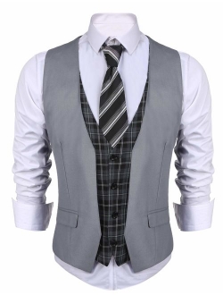 Men's Business Suit Vest Layered Plaid Dress Waistcoat for Wedding, Date, Dinner