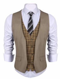 Men's Business Suit Vest Layered Plaid Dress Waistcoat for Wedding, Date, Dinner