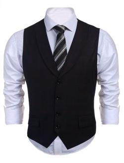 Men's Business Suit Vest Layered Plaid Dress Waistcoat for Wedding, Date, Dinner