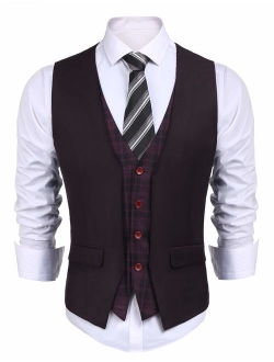 Men's Business Suit Vest Layered Plaid Dress Waistcoat for Wedding, Date, Dinner