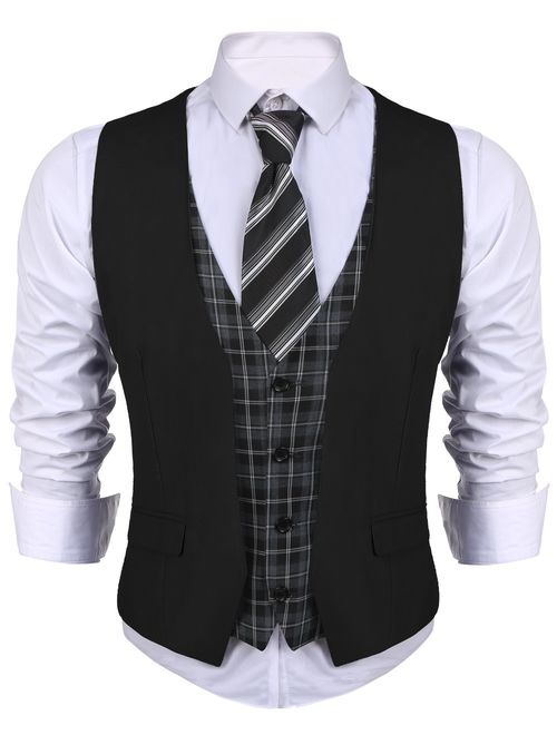 COOFANDY Men's Business Suit Vest Layered Plaid Dress Waistcoat for Wedding, Date, Dinner