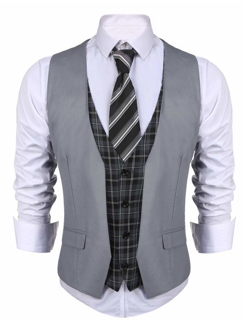 COOFANDY Men's Business Suit Vest Layered Plaid Dress Waistcoat for Wedding, Date, Dinner