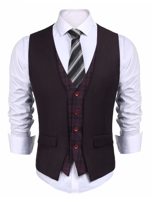 COOFANDY Men's Business Suit Vest Layered Plaid Dress Waistcoat for Wedding, Date, Dinner