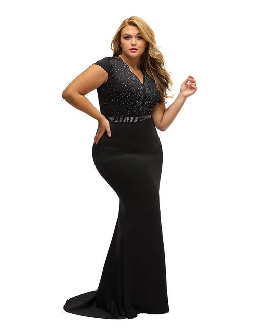 LALAGEN Women's Short Sleeve Rhinestone Plus Size Long Cocktail Evening Dress