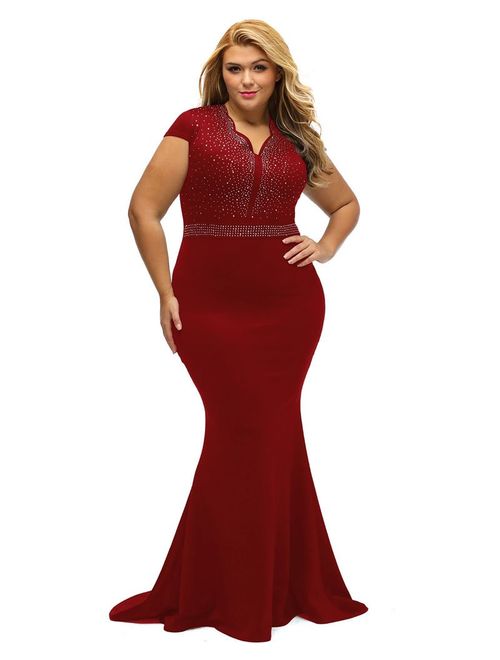 LALAGEN Women's Short Sleeve Rhinestone Plus Size Long Cocktail Evening Dress