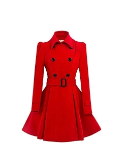 ForeMode Women's Wool Trench Coat Winter Double-Breasted Jacket with Belts