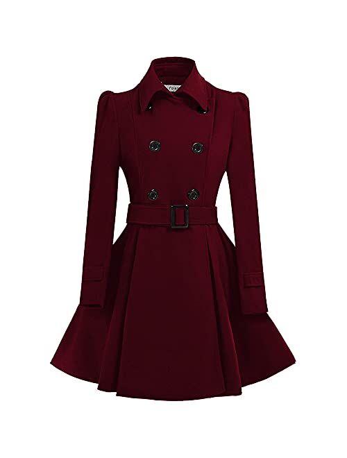 ForeMode Women's Wool Trench Coat Winter Double-Breasted Jacket with Belts