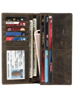 Mou Meraki Mens Vintage Genuine Leather RFID Blocking Long Wallet Bifold Wallets For Men