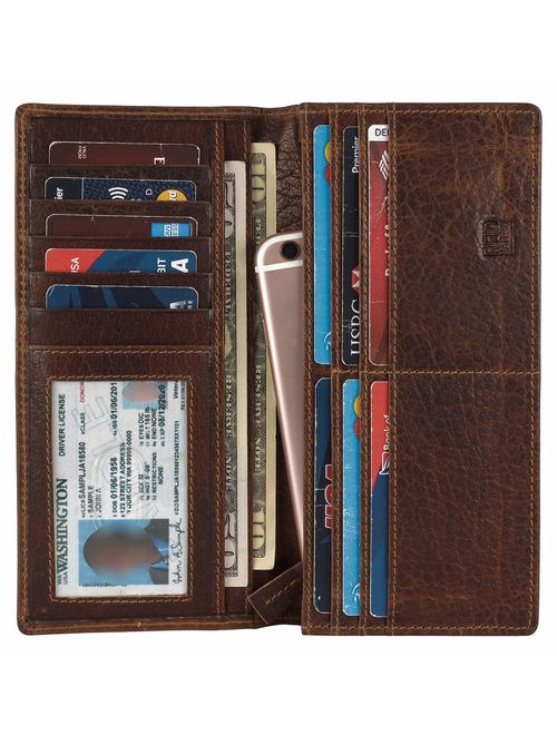 Mou Meraki Mens Vintage Genuine Leather RFID Blocking Long Wallet Bifold Wallets For Men