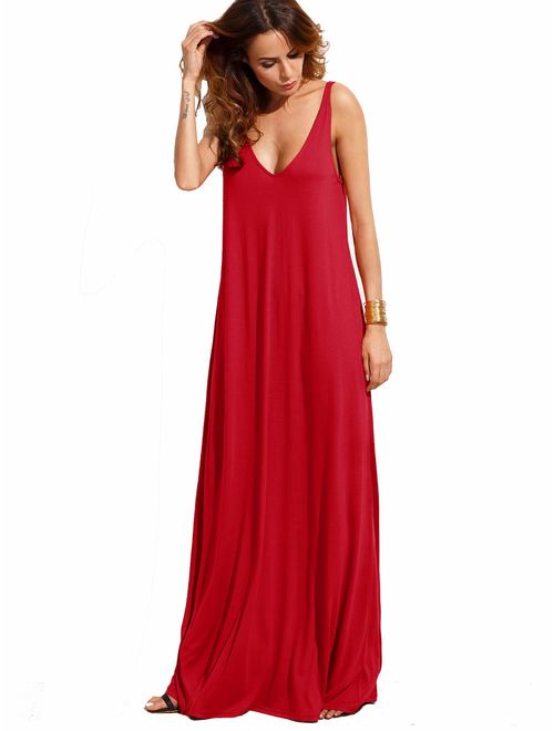 Verdusa Women's Casual Sleeveless Deep V Neck Summer Beach Maxi Long Dress