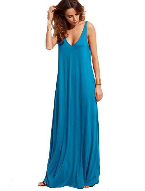 Verdusa Women's Casual Sleeveless Deep V Neck Summer Beach Maxi Long Dress