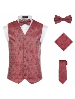 Vittorino Men's 4 Piece Formal Paisley Vest Set with Tuxedo Vest Tie Hankerchief Bow Tie