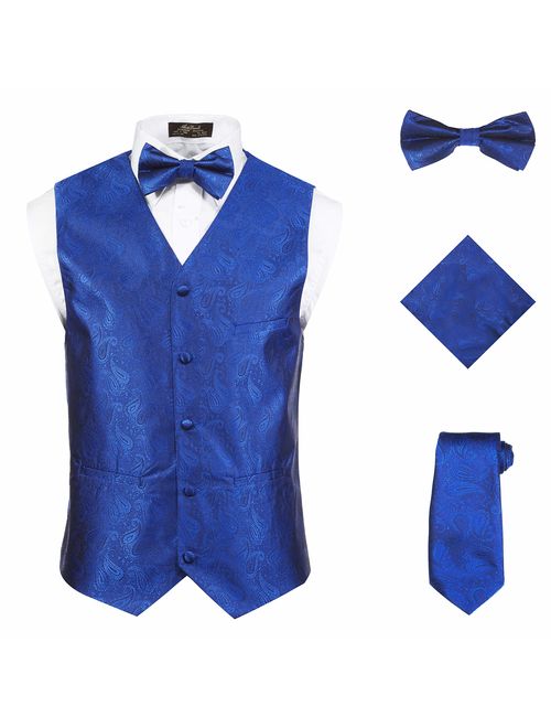 Vittorino Men's 4 Piece Formal Paisley Vest Set with Tuxedo Vest Tie Hankerchief Bow Tie