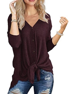 Chvity Womens Waffle Knit Tunic Blouse Tie Knot Henley Tops Loose Fitting Bat Wing Plain Shirts