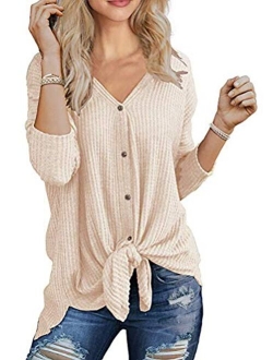 Chvity Womens Waffle Knit Tunic Blouse Tie Knot Henley Tops Loose Fitting Bat Wing Plain Shirts