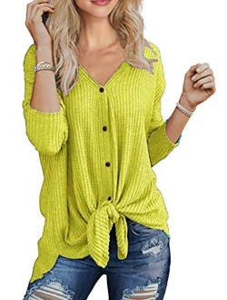 Chvity Womens Waffle Knit Tunic Blouse Tie Knot Henley Tops Loose Fitting Bat Wing Plain Shirts