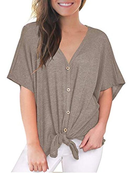 Chvity Womens Waffle Knit Tunic Blouse Tie Knot Henley Tops Loose Fitting Bat Wing Plain Shirts