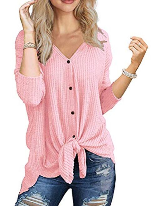 Chvity Womens Waffle Knit Tunic Blouse Tie Knot Henley Tops Loose Fitting Bat Wing Plain Shirts