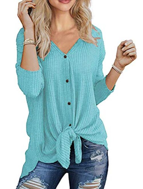 Chvity Womens Waffle Knit Tunic Blouse Tie Knot Henley Tops Loose Fitting Bat Wing Plain Shirts