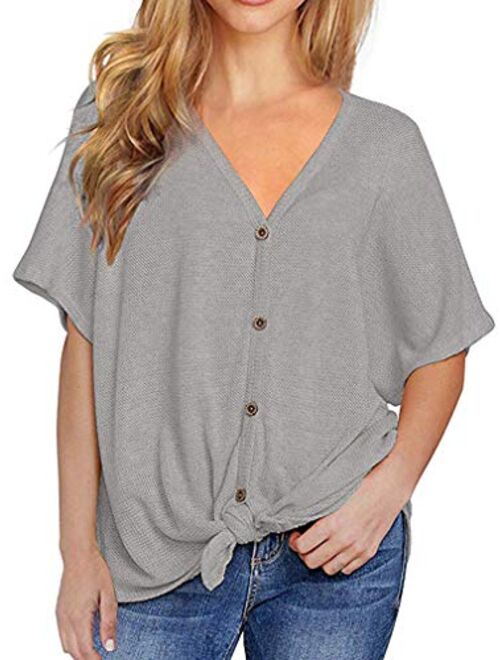 Chvity Womens Waffle Knit Tunic Blouse Tie Knot Henley Tops Loose Fitting Bat Wing Plain Shirts