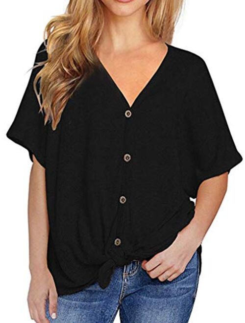 Chvity Womens Waffle Knit Tunic Blouse Tie Knot Henley Tops Loose Fitting Bat Wing Plain Shirts