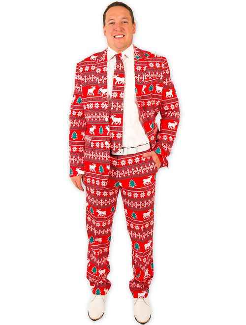 Festified Men's Holiday Reindeer Christmas Pants in Red