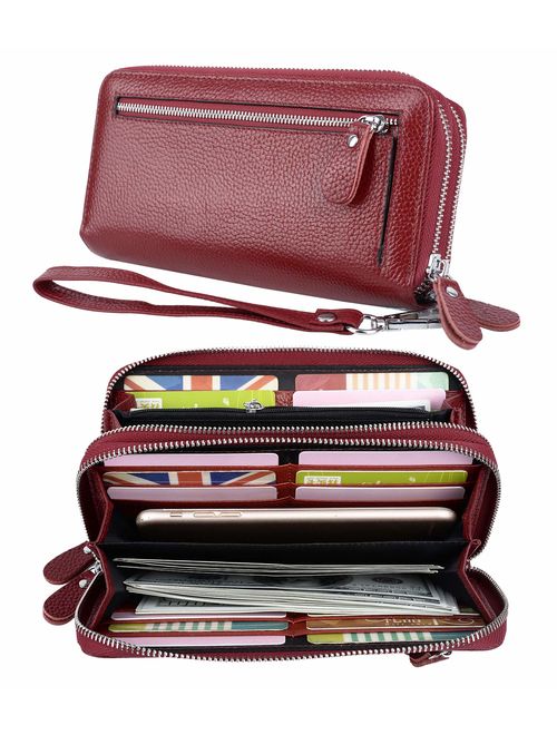 YALUXE Women's RFID Blocking Security Double Zipper Large Smartphone Wristlet Leather Wallet