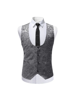 Mens Single Breasted Vest Dress Vest Slim Fit Paisley Printed Prom Formal Suit Vest Waistcoat