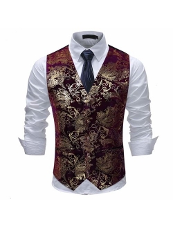 Mens Single Breasted Vest Dress Vest Slim Fit Paisley Printed Prom Formal Suit Vest Waistcoat