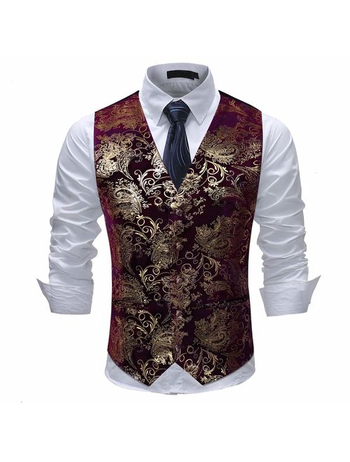 Cloudstyle Mens Single Breasted Vest Dress Vest Slim Fit Paisley Printed Prom Formal Suit Vest Waistcoat