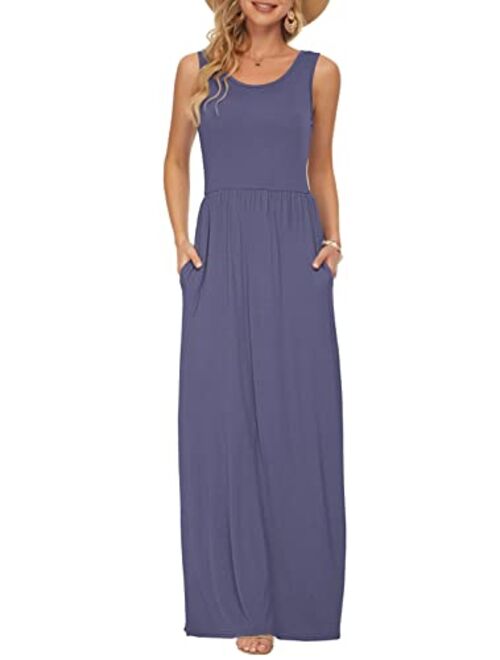 AUSELILY Women's Summer Sleeveless Loose Plain Maxi Dress Casual Long Dress with Pockets