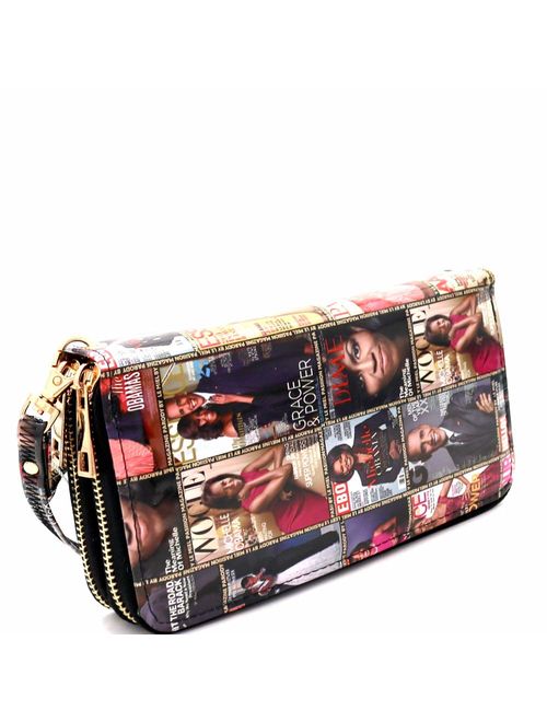 Michelle Obama Magazine Print Double Zipper Single Zipper Patent Wristlet Wallet Cellphone Wallet Roomy Wrist Wallet