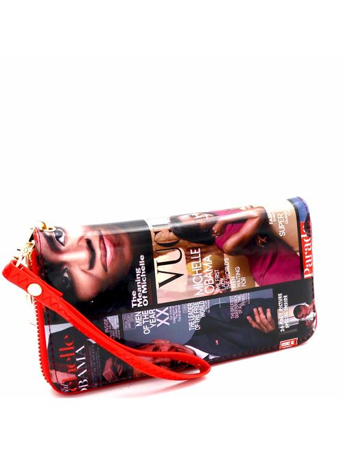 Michelle Obama Magazine Print Double Zipper Single Zipper Patent Wristlet Wallet Cellphone Wallet Roomy Wrist Wallet