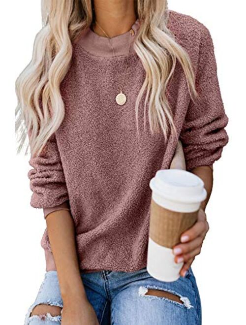 KINGFEN Womens Fuzzy Sherpa Fleece Sweaters Casual Crewneck Sweatshirt Pullover