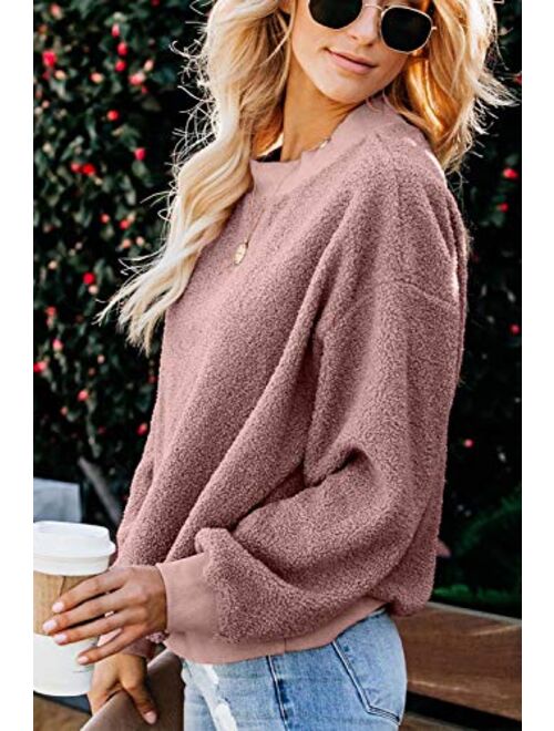 KINGFEN Womens Fuzzy Sherpa Fleece Sweaters Casual Crewneck Sweatshirt Pullover