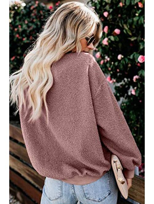 KINGFEN Womens Fuzzy Sherpa Fleece Sweaters Casual Crewneck Sweatshirt Pullover