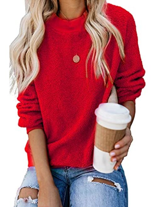 KINGFEN Womens Fuzzy Sherpa Fleece Sweaters Casual Crewneck Sweatshirt Pullover