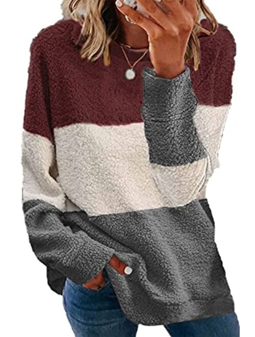 KINGFEN Womens Fuzzy Sherpa Fleece Sweaters Casual Crewneck Sweatshirt Pullover