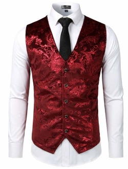 Mens Hipster Metallic Paisley Printed Single Breasted V-Neck Suit Vest/Tuxedo Waistcoat