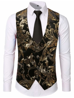 Mens Hipster Metallic Paisley Printed Single Breasted V-Neck Suit Vest/Tuxedo Waistcoat