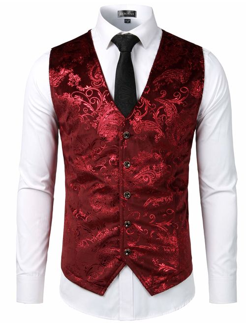 ZEROYAA Mens Hipster Metallic Paisley Printed Single Breasted V-Neck Suit Vest/Tuxedo Waistcoat