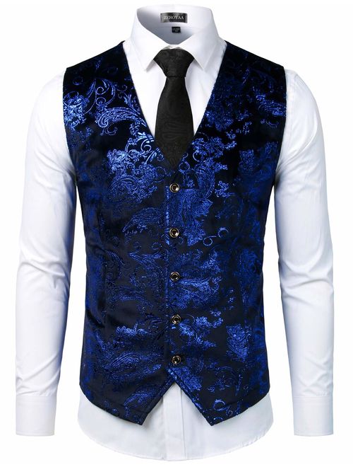 ZEROYAA Mens Hipster Metallic Paisley Printed Single Breasted V-Neck Suit Vest/Tuxedo Waistcoat